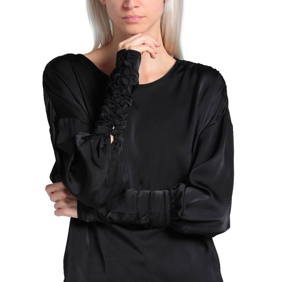Satin black blouse long sleeves buttoned cuffs - Picture 3 of 9